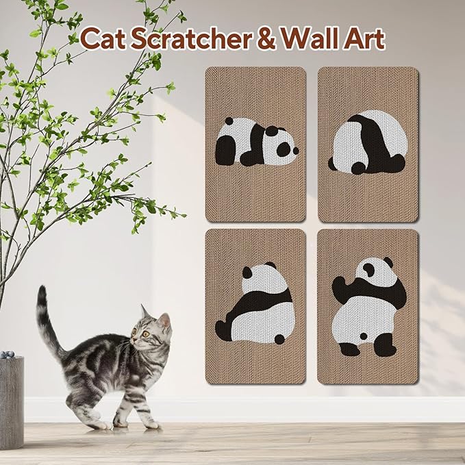 AUSCAT Cardboard Cat Wall Scratcher, 7 cat Scratching Boards with Box, Wall Mounted Cat Scratching Pads for Indoor Cats, Furniture Protector, 14.5" x 9.3", Panda Pattern-PawvioPets