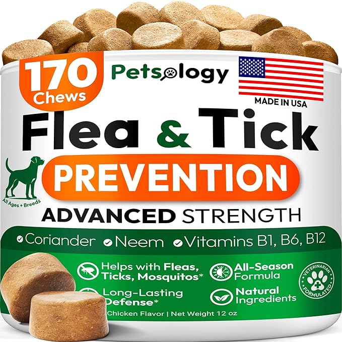 Flea and Tick Prevention for Dogs Pills - Natural Dog Flea & Tick Control - 170 Soft Chewables - Oral Defense Treatment for Dogs Supplement - Vet Formulated Chews - All Breeds & Ages - Made in USA-PawvioPets