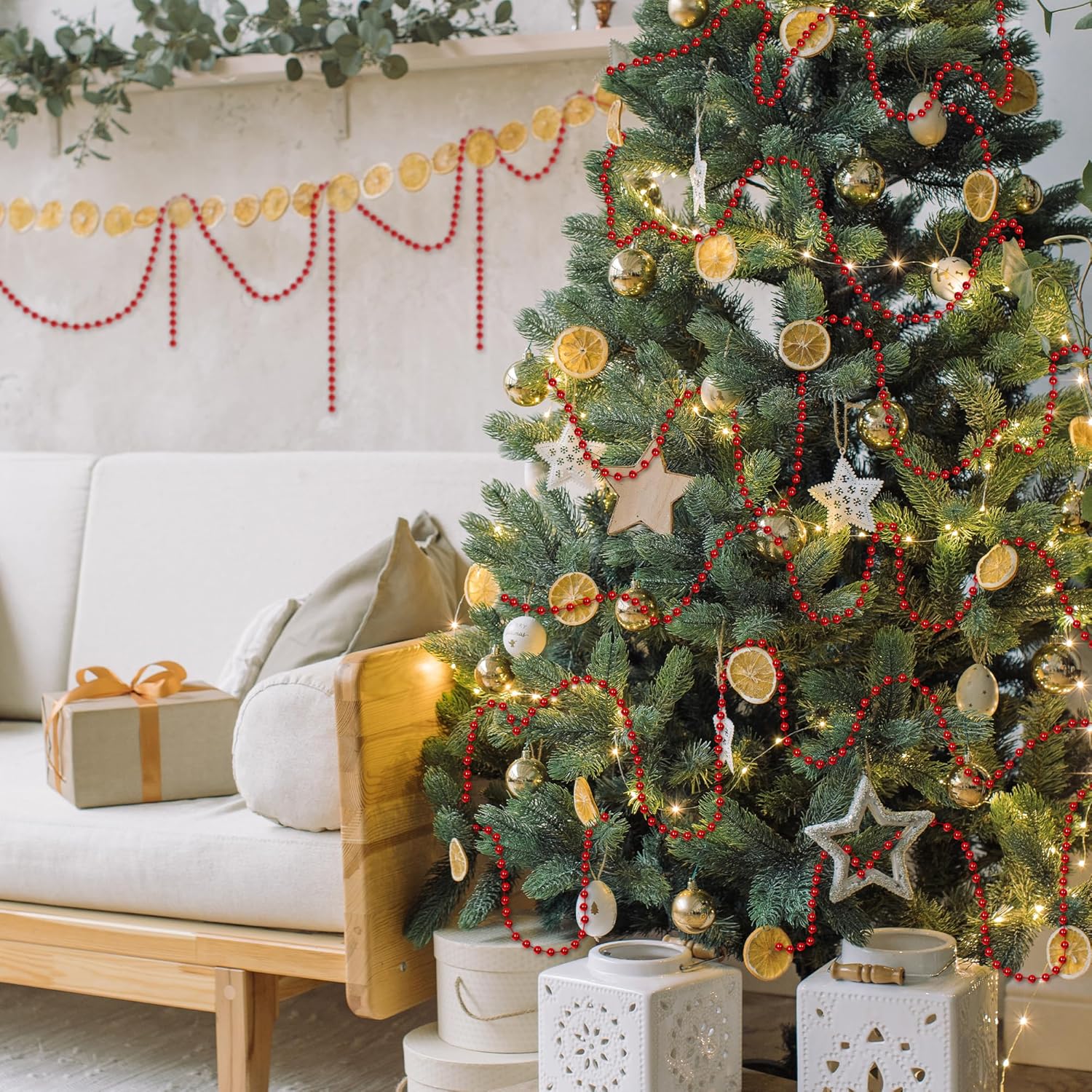 100 Feet Christmas Tree Decorations, Christmas Red Hanging Beads Garland Chain, Beads Strands Chain Trim Garland Decoration for Home Mantle Fireplace Wreath Xmas Tree Decor Supplies