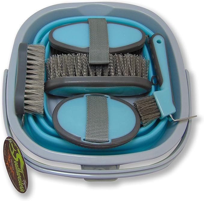 Collapsible Grooming Kit 10 Liter Bucket and 5 Grooming Tools by Southwestern Equine (Turquoise)-PawvioPets