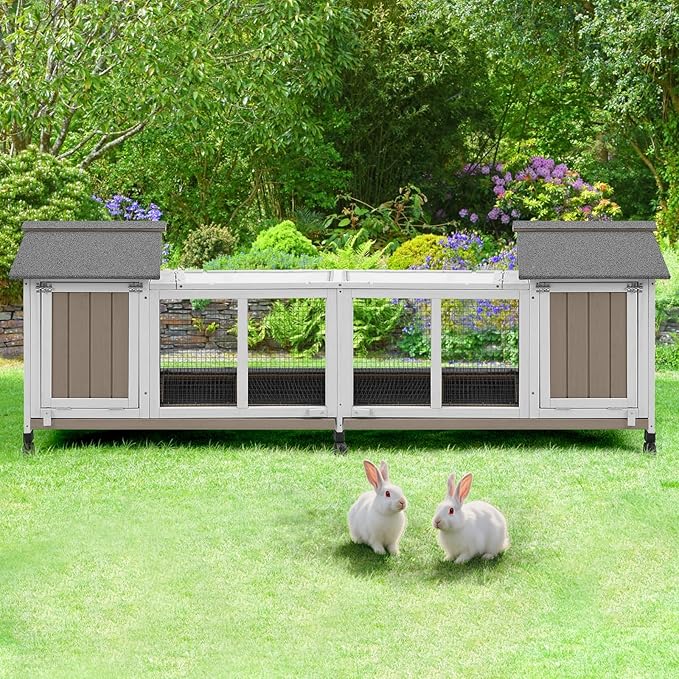 76''L Rabbit Hutch Outdoor Indoor with Wheels, Wooden 2 Story Bunny House Rabbit Cage with Run, Waterproof Roof, Pull Out Tray, Guinea Pig Cage Chicken Coop for Small to Medium Pets-PawvioPets