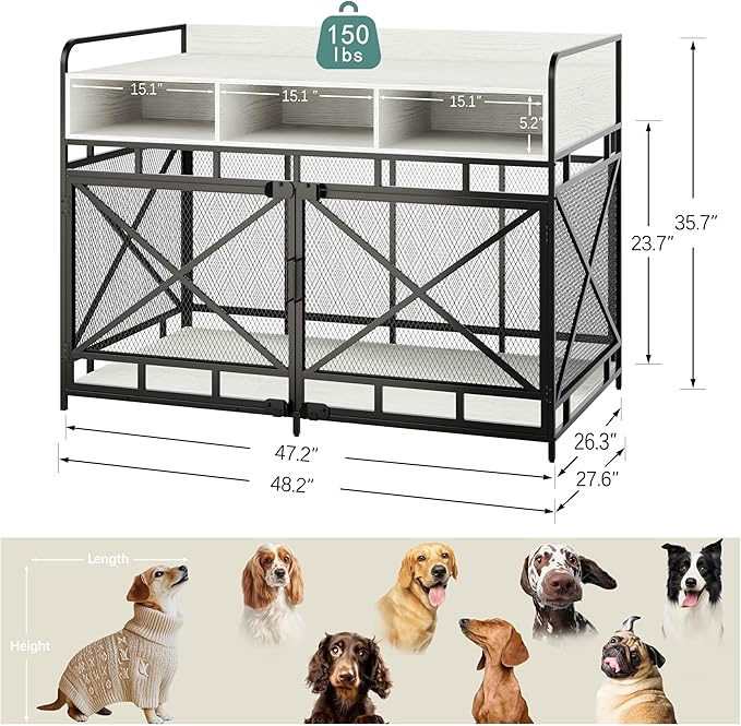 Dog Crate Furniture, 48" Heavy Duty Wooden Dog Crate End Table, XL Dog Kennel Furniture Large Breed, Decorative Dog Kennel Indoor with 3 Drawers & Steel Tube 48"L x28"W x36"H (White and Black)-PawvioPets