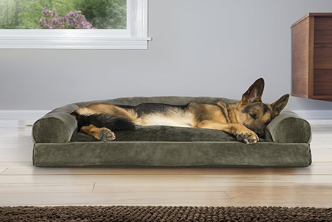 Furhaven Pillow Dog Bed for Large Dogs w/ Removable Bolsters & Washable Cover - Faux Fur & Velvet Sofa - Dark Sage, Jumbo/XL-PawvioPets