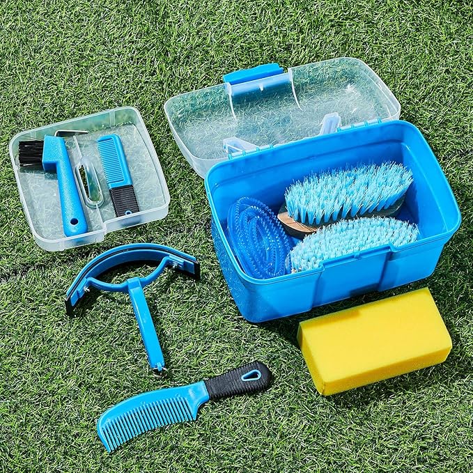 Cunhill 9 Pieces Horse Grooming Kit Tack Room Supplies Set with Organizer Tote Box, Oval Massage Curry, Hard and Soft Brush, Hoof Pick, Sweat Scraper, Bathing Sponge, Combs for Horse Riders Beginners-PawvioPets
