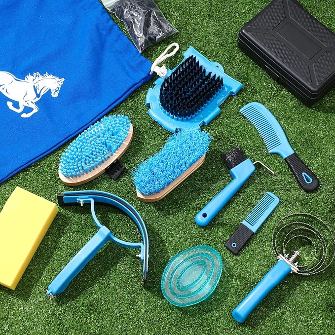 Abbylike 12 Pieces Horse Grooming Kit Racing Festival Tack Room Supplies Horse Brush Sets Equine Care Cleaning Kit Shedding Grooming Massaging Tools(Blue)-PawvioPets