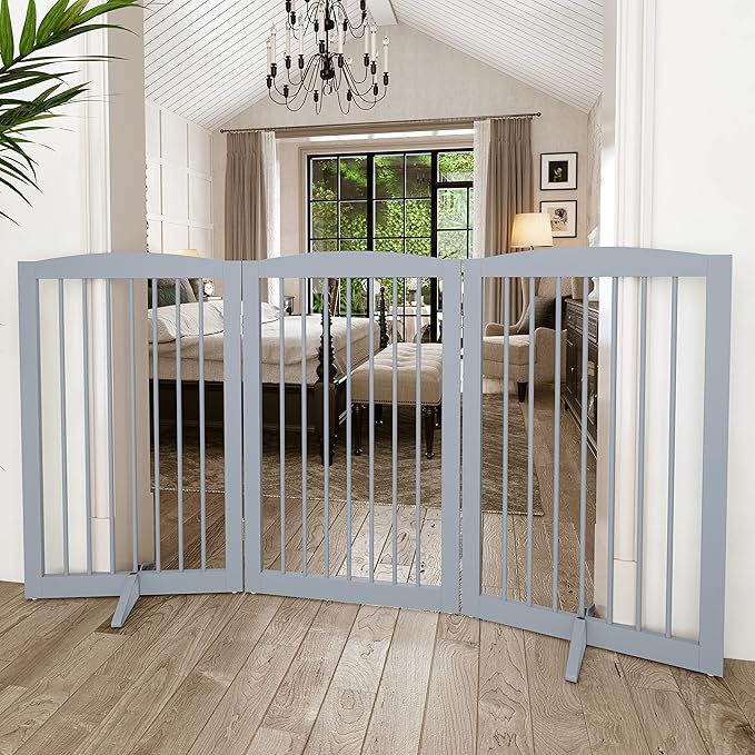 Freestanding Pet Gate for Dogs, Foldable Wooden Dog Gate for House Indoor, Tall Pet Fence for Stair, Doorway,Hall, Support Feet Included, 3 Panels 32",Grey-PawvioPets
