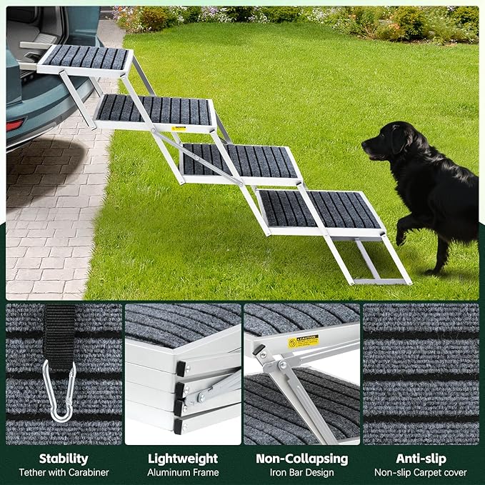 Dog Stairs for Car, Extra Wide Stairs for Large Dogs, Pet Steps Aluminum Foldable Dog Steps for Cars and SUV, High Beds, Trucks, Supports up to 200 lbs (Extra Wide-4 Steps)-PawvioPets