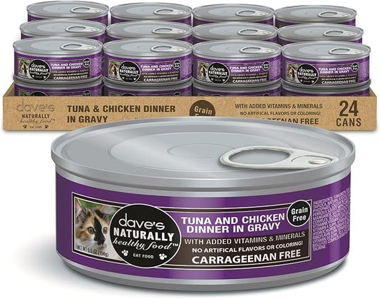 Dave's Pet Food Grain Free Wet Cat Food Gravy (Tuna & Chicken Dinner in Gravy), Naturally Healthy Canned, Added Vitamins, 5.5 oz Cans (24 Pack)-PawvioPets