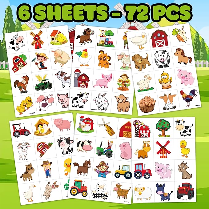 72 PCS Farm Barnyard Animal Pre-Cut Temporary Tattoos Sticker Birthday Decorations Party Supplies Favors Gift Boy Girl Farmhouse Cow Chicken Tattoo School Reward Themed (Normal)-PawvioPets