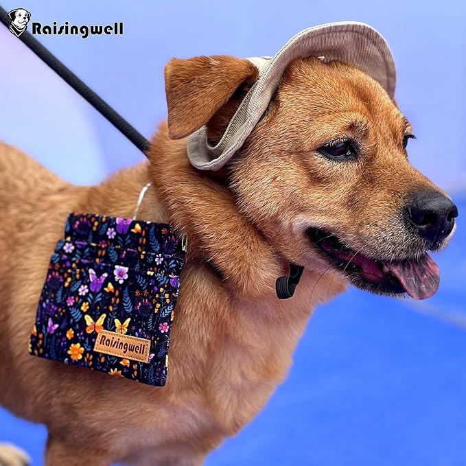 Dog Treat Pouch, Pocket Sized Pet Training Pouch, Cotton Fabric, Hand Free Purple Flower Dog Walking Bag with Carabiner, Self-Closing Pet Feed Snack Reward, for Puppy Travel or Outdoor Use-PawvioPets