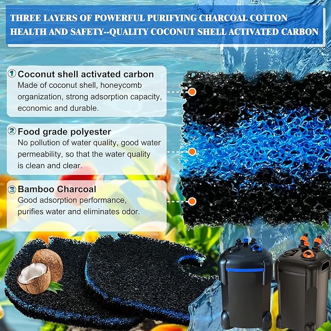 8 Pack Upgraded Filter Pads for AMOSIJOY Aquarium Canister Filter; White Floss, Removing Ammonia and Phosphate, and Activated Carbon Sponge Bio Pads, Compatible with PONDFORSE 172/225/265GPH Canister-PawvioPets