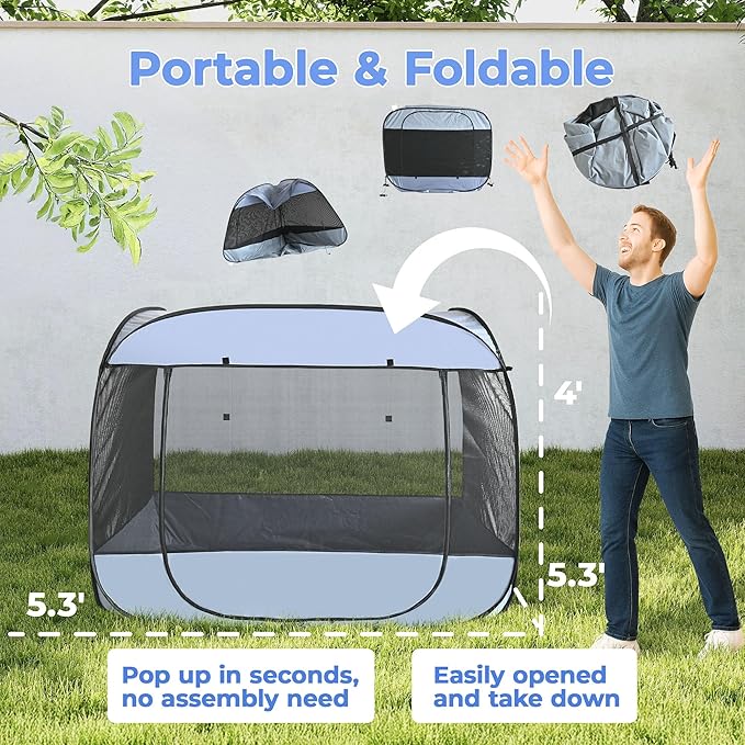 EighteenTek XLarge Popup Portable Dog Houses, 5.3'x4'H Assembly-Free Gazebo-Style Dog Cot Cat Playpen Screen Pet Tent Sun Shade Shelter Dog Bed with Canopy for Outdoor, Anti-Bugs with Leakproof Bottom-PawvioPets