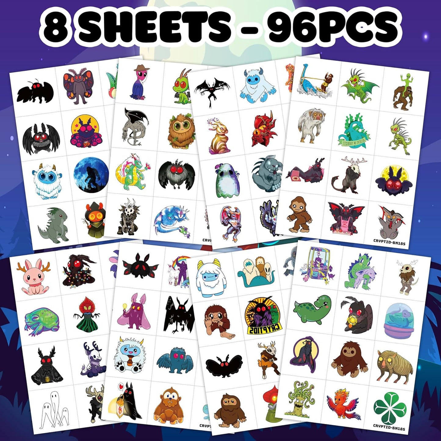 96PCS Cute Cryptid Temporary Tattoos Themed Halloween Birthday Party Decorations Supplies Favors Decor Cool Alien Bigfoot Mothman Yeti Tattoo Stickers Gifts For Kids Boys Girls School Prizes Carnival