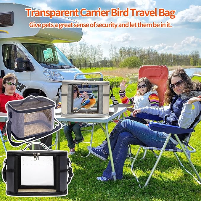 Bird Travel Carrierm, Small Bird Travel Backpack Carrier Cage with Tray and Breathable Clear Window, for Parakeet Cockatiel Budgies, for Camping Hiking (Beige)-PawvioPets