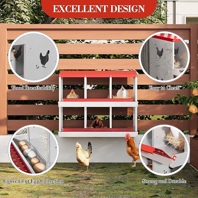 6 Hole Chicken Nesting Box with Roll Out Egg Tray, Rustproof & Ventilated Chicken Laying Boxes for Hens, Chickens, Ducks | Easy-Clean Poultry Coop Accessories-PawvioPets