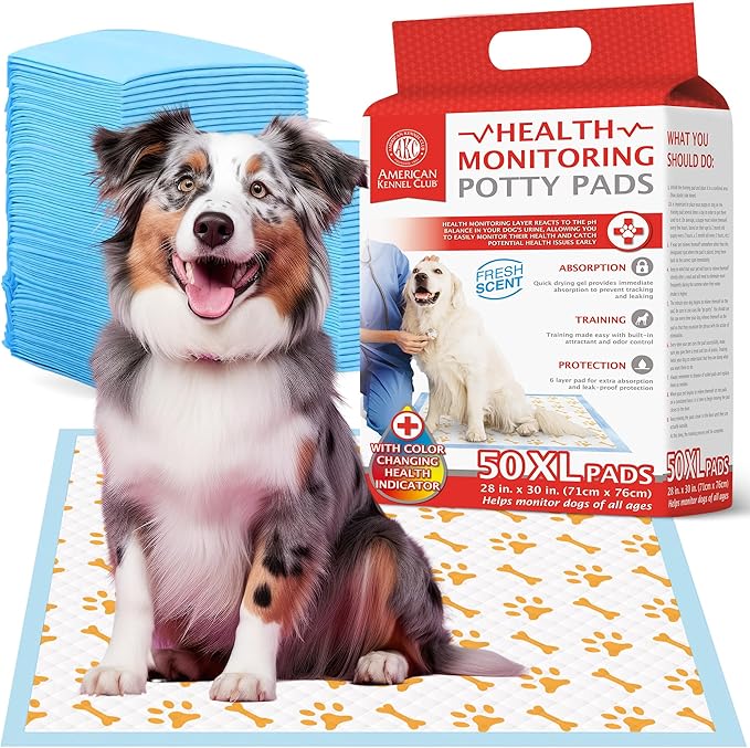 AKC Advanced Puppy Pads with Color-Changing Health+ Indicator and Ultra Absorbent Quick Dry Gel – 28"x30" Leakproof Training Pads for Dogs – Fresh Scented – 50 Count, X-Large-PawvioPets