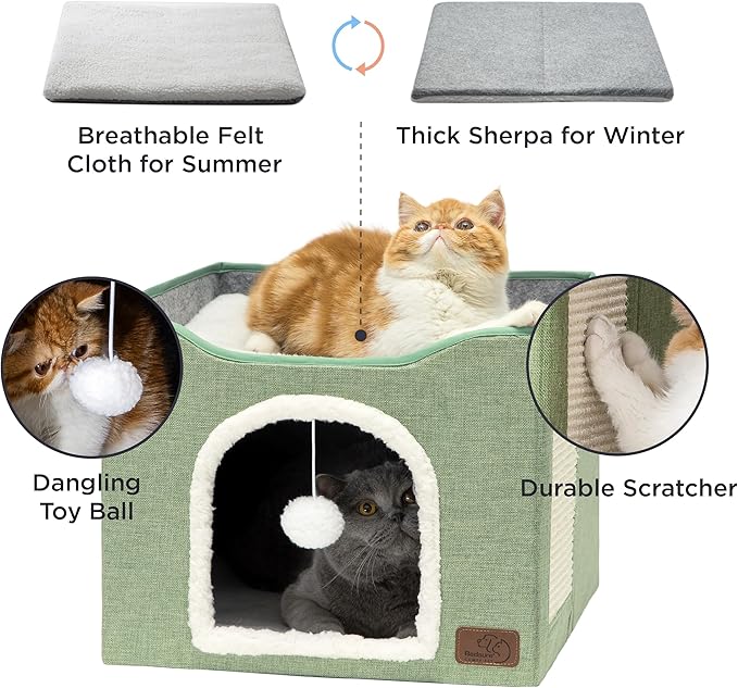 Bedsure Cat Beds for Indoor Cats - Large Cat Cave for Pet Cat House with Fluffy Ball Hanging and Scratch Pad, Foldable Cat Hideaway, 16.5x16.5x13 inches, Green-PawvioPets