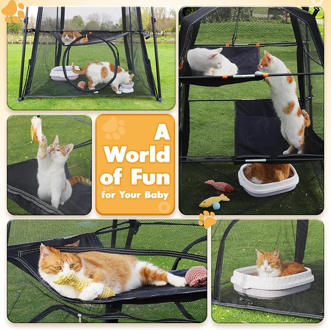 Extra Large Catio Outdoor Cat Enclosure, Rywell 3-Tier Spacious Outdoor Cat Tent, Weatherproof&Sunproof with 5 Windows, Foldable Cat Enclosure for Patio, Camping, Indoor(Includes Carry Bag)-PawvioPets