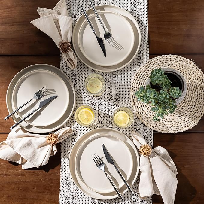 GBHOME Ceramic Dinnerware Sets for 4, 12 Pieces Stoneware Plates and Bowls Sets, Scratch Resistant Dishes, Dishwasher & Microwave Safe, Reactive Glaze-Vanilla color-PawvioPets