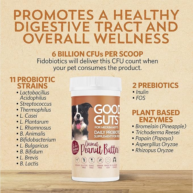 Fidobiotics Good Guts for Medium Mutts Probiotic for Dogs, 6 Billion CFUs, 11 Strains, 5 Digestive Enzymes, 2 Prebiotics, Digestive Gut Health for Dogs, Adult & Puppy Probiotics Supplements (30 Days)-PawvioPets