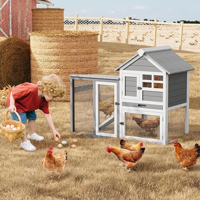 2-Tier Rabbit & Chicken House,Wooden Chicken Coop & Bunny Cage with Non-Slip Ramp, 4 Doors,Waterproof Roof & Pull-Out Tray,Outdoor/Indoor Pet Cage-PawvioPets