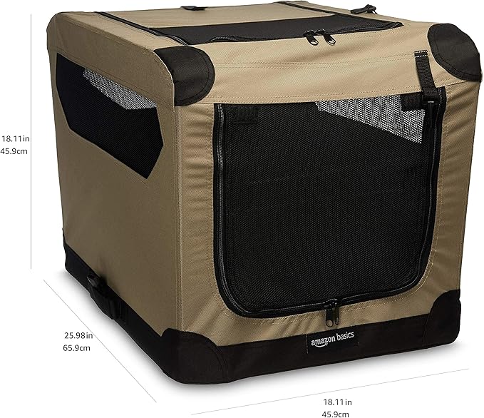 Amazon Basics 2 Door Foldable and Portable Travel Pet Kennel for Cat, Dog, Rabbit, 26 inch, Tan, S 26" x 18" x 18"-PawvioPets