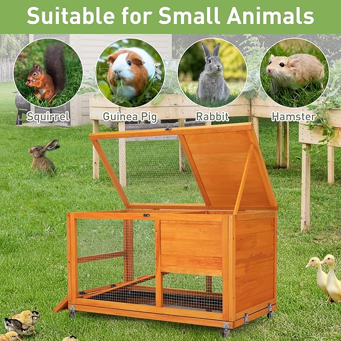COZIWOW Fashionable Wood 36Inches Rabbit Hutch Indoor with Wheels Bunny Cage Outdoor Fashion Rabbit Cage with Clean Tray, Openable Roof, Anti-Slip Ramp for Small Bunny Rabbit (Orange)-PawvioPets