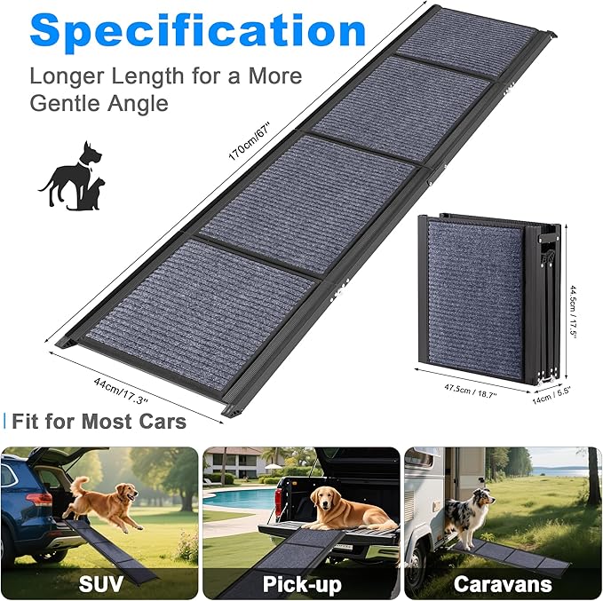 AQUILLA Dog Ramp for Car, 67" Aluminum Foldable Pet Ramp with Anti-Slip Soft Surface, Outdoor Portable Pet Ramp for Old & Medium & Large Dogs Enter Caravans, High Bed, Up to 250LBS (67" L x 17.3" W)-PawvioPets