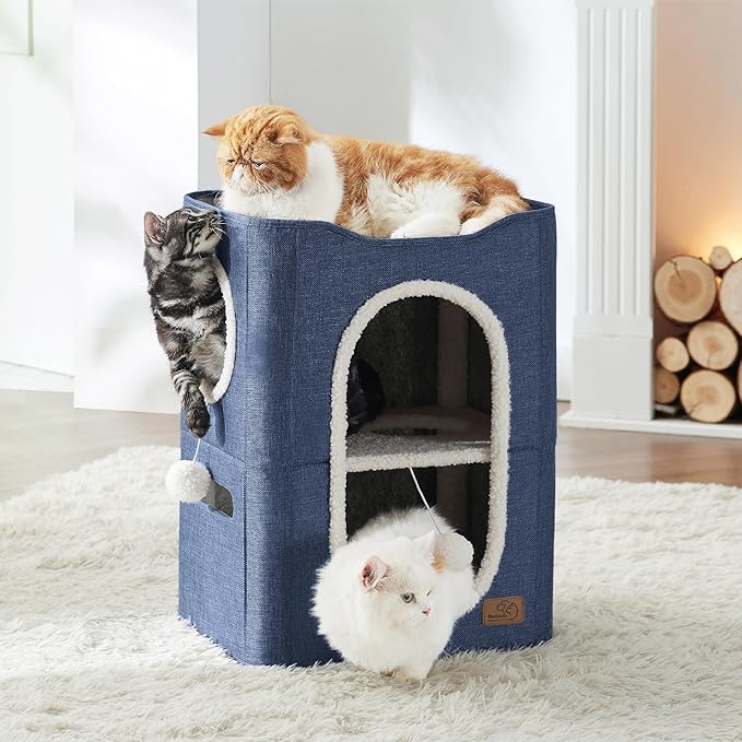 Bedsure 2 Story Cat House - Cat Condos for Indoor Cats with Scratch Pad and Fluffy Ball Hanging, Small Pet Cave Furniture Hideaway for Multi Pets, 18x14x23 inches, Blue-PawvioPets