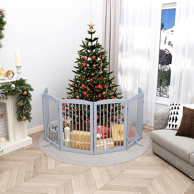 Freestanding Pet Gate for Dogs, Indoor Wooden Foldable Dog Gate for House, Extra Wide, Pet Fence for Stairs, Doorways, Halls, Support Feet Included, 120 Inch Wide, 6 Panels 32",Grey-PawvioPets