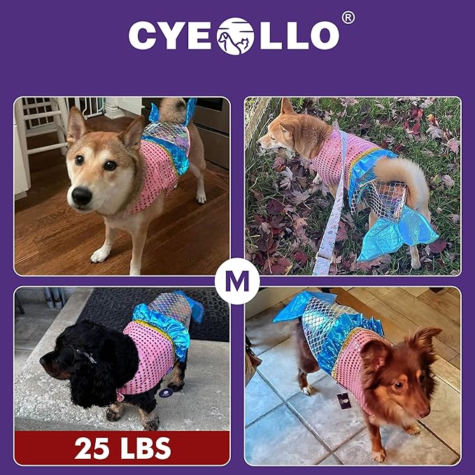 cyeollo Dog Costume Mermaid Costumes for Small Dogs Halloween Outfit Holiday Birthday Party Dog Clothes Outfits Sparkly Pet Costumes Size M-PawvioPets