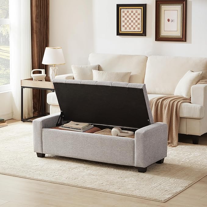 48" Ottoman with Storage, Storage Ottoman Bench with Safety Hinge, Upholstered Entryway Bench with Seating for Bedroom, Living Room, Holds up to 330 lb(Light Gray)-PawvioPets