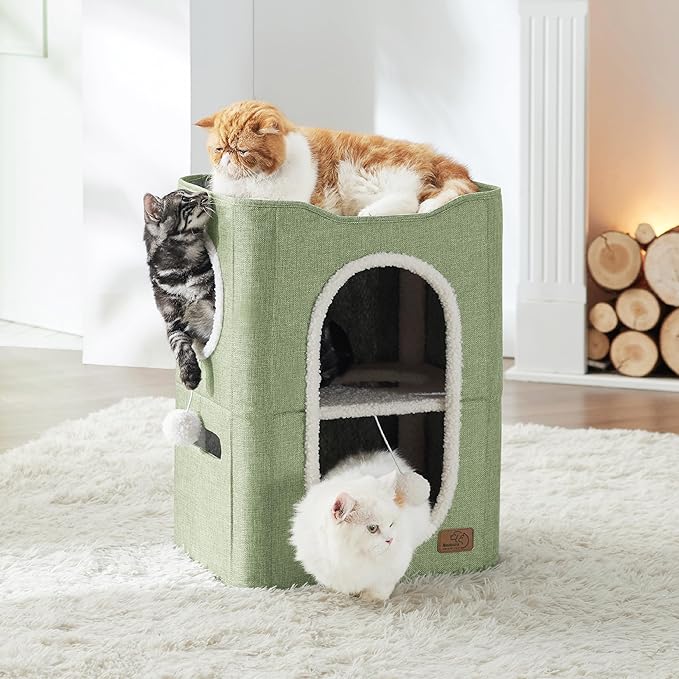 Bedsure 2 Story Cat House - Cat Condos for Indoor Cats with Scratch Pad and Fluffy Ball Hanging, Small Pet Cave Furniture Hideaway for Multi Pets, 18x14x23 inches, Green-PawvioPets