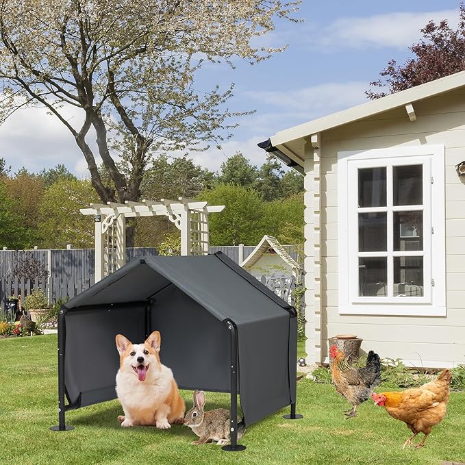 Dog Shades for Outside - Outdoor Dog Kennel for Small Dogs, 29.53”x25.59”x25.59” Outdoor Sun Rain Canopy Pet House, Waterproof Pet Canopy Shelter for Small Animals with Ground Nails-PawvioPets