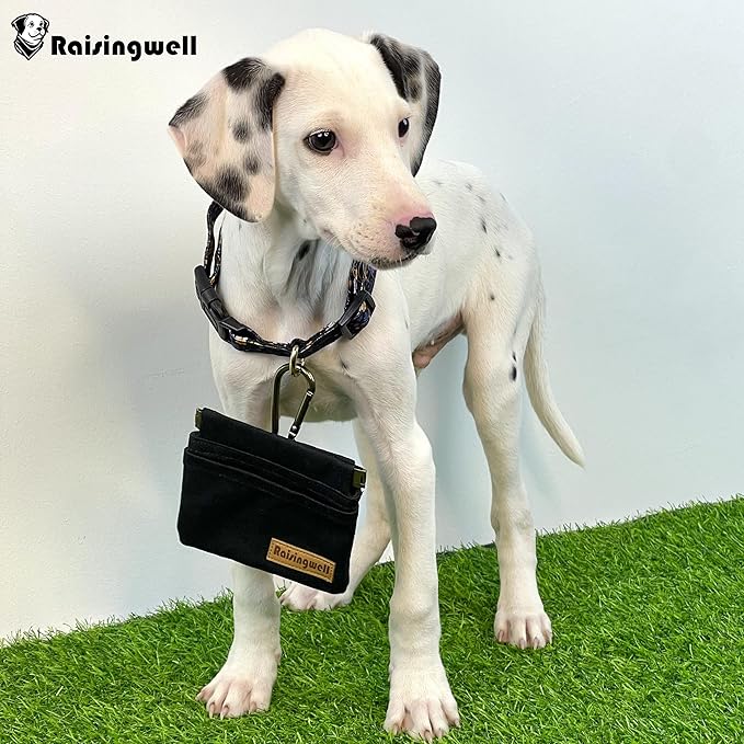 Dog Treat Pouch, Black Pocket Sized Pet Training Pouch, Cotton Fabric, Hand Free Dog Walking Bag with Carabiner, Self-Closing Pet Feed Snack Reward, for Pet Puppy Travel or Outdoor Use-PawvioPets