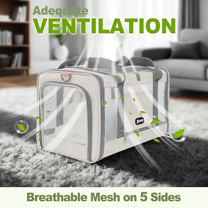 Cat Carrier American Airline Approved 18x11x11, Top Opening Sturdy Soft Pet Carrying Bag See Through, Mini Dog Hard Bottom Crate Kennel Case, 4-Side-Ventilation Mesh Cage Toy Poodle Biege-PawvioPets