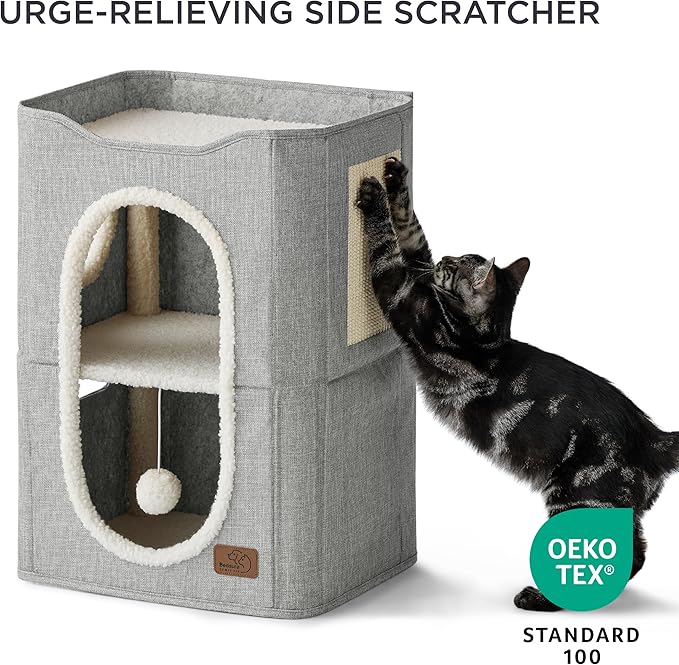 Bedsure 2 Story Cat House - Cat Condos for Indoor Cats with Scratch Pad and Fluffy Ball Hanging, Small Pet Cave Furniture Hideaway for Multi Pets, 18x14x23 inches, Grey-PawvioPets