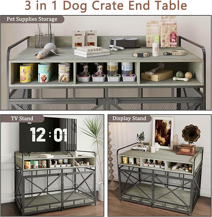 Dog Crate Furniture, 48" Heavy Duty Wooden Dog Crate End Table, XL Dog Kennel Furniture Large Breed, Decorative Dog Kennel Indoor with 3 Drawers & Steel Tubes 48" L x28 W x36 H (Grey)-PawvioPets