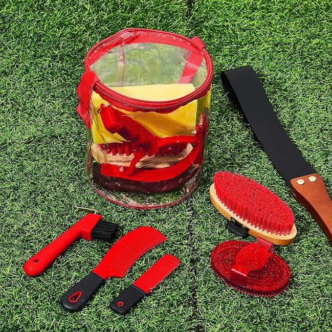 9 Pieces Horse Grooming Kit Tack Room Supplies Set with Organizer Tote Bag, Oval Massage Curry, Hard and Soft Brush, Hoof Pick, Sweat Scraper, Bathing Sponge, Combs for Horse Riders Beginners (Red)-PawvioPets