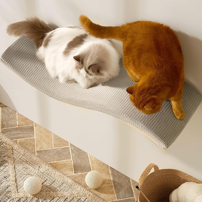 Extra Large 35.4” × 11.6” Stylish Cat Wall Shelves with Soft Cushion, Modern Wall-Mounted Cat Tree Furniture & Perch, Sturdy/Hidden Mounts, Machine Wash Cover, Sleek Design- CALLICO HAVEN Wave S-Shape-PawvioPets