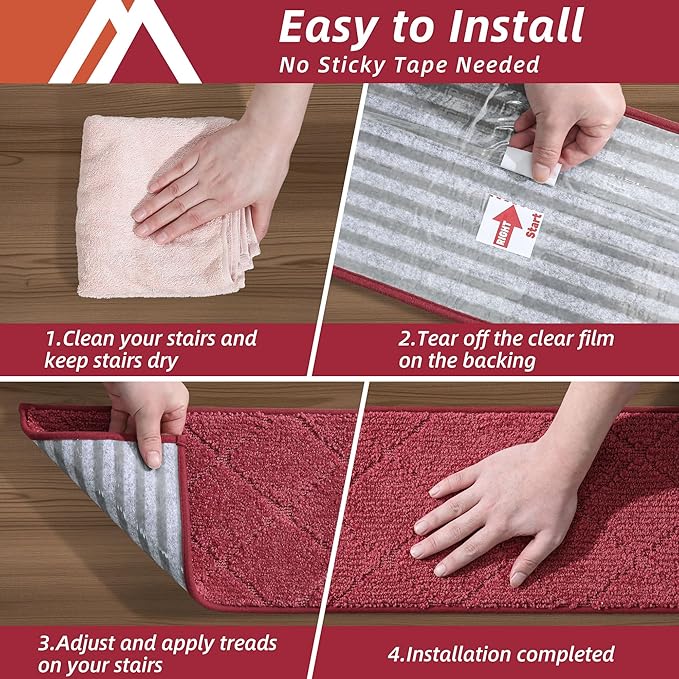 COSY HOMEER Edging Stair Treads Non-Slip Carpet Mat 28inX9in Indoor Stair Runners for Wooden Steps, Edging Stair Rugs for Kids and Dogs, 100% Polyester TPE Backing (7pc, Red, 7)-PawvioPets