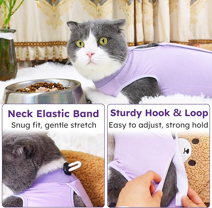Cat Recovery Suit for Spay Abdominal Wound, Breathable Kitten Onesie for Cats After Surgery, Anti Licking Cat Cone Alternative, Pet Surgery Recovery Shirt-Purple(L)-PawvioPets