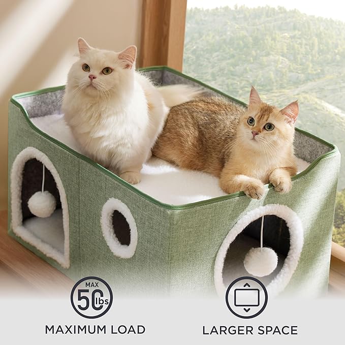 Bedsure Large Cat Beds for Indoor Cats - Extra Wide Cat Cube House for Small Pet with Fluffy Ball Hanging and Scratch Pad, Foldable Pet Cave Hideaway for Multiple Cats, 23.6x16.9x13 inches, Green-PawvioPets