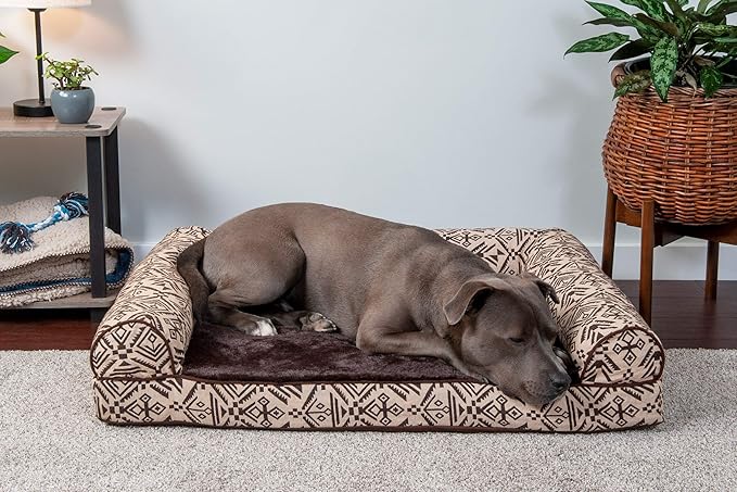 Furhaven Orthopedic Dog Bed for Large/Medium Dogs w/ Removable Bolsters & Washable Cover, For Dogs Up to 55 lbs - Plush & Southwest Kilim Woven Decor Sofa - Desert Brown, Large-PawvioPets