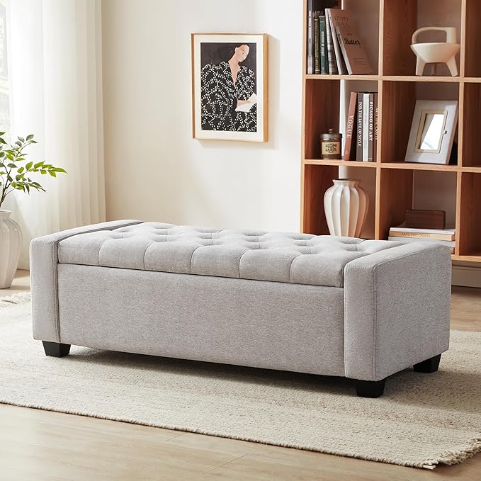 48" Ottoman with Storage, Storage Ottoman Bench with Safety Hinge, Upholstered Entryway Bench with Seating for Bedroom, Living Room, Holds up to 330 lb(Light Gray)-PawvioPets