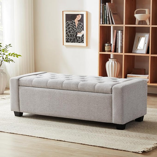 48" Ottoman with Storage, Storage Ottoman Bench with Safety Hinge, Upholstered Entryway Bench with Seating for Bedroom, Living Room, Holds up to 330 lb(Light Gray)-PawvioPets
