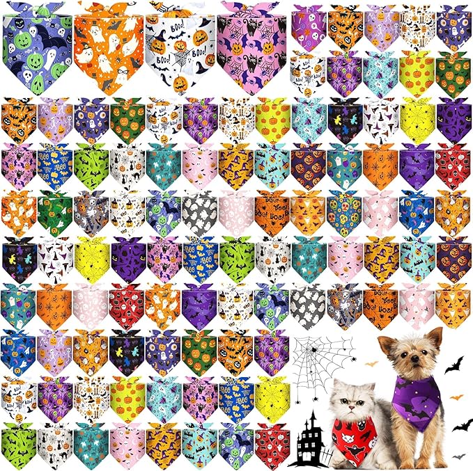 Amylove 120 Pcs Halloween Dog Bandanas Bulk Holiday Triangle Dog Pack Puppy Kerchief Bandana Adjustable Pet Scarf for Pet Cat Costume Accessories Decor(Skeleton)-PawvioPets