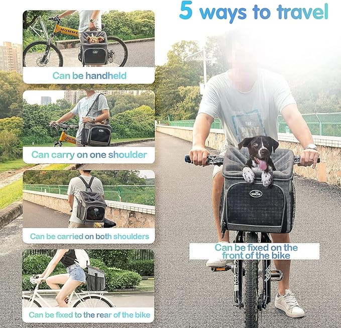 Dog Bike Basket Carrier, Pet Bicycle Front Carrier Backpack for Bike Riding Foldable Removable, Reflective Strips, 2 Side Storage Pockets, Pet Travel Bag for Cats Small Dogs-PawvioPets