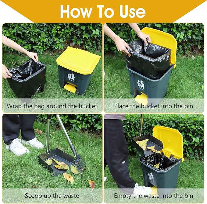 Dog Pooper Scooper, 20L Large Dog Poop Trash Can Outside with Removable Inner Bucket, Poop Trash Can for dog Outdoors with 90 Waste Bags, 37inch Long Handle Stainless Metal Tray & Rake-PawvioPets