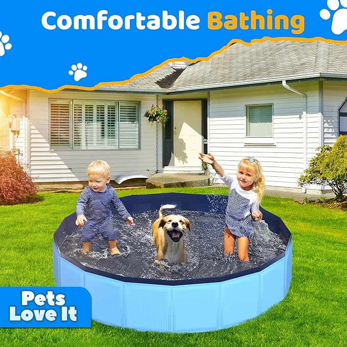 71" x 12" Foldable Dog Pool - Collapsible Hard Plastic Kiddie Pool for Dogs & Kids, Non-Slip Pet Bath Tub for Outdoor Backyard Use, Lightweight & Portable (Blue)-PawvioPets